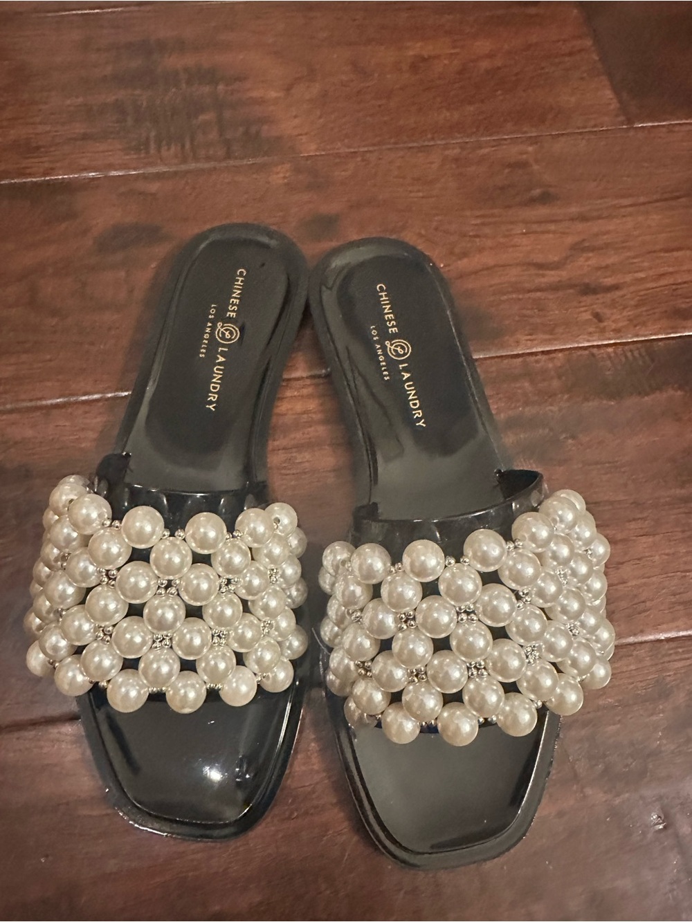Chinese Laundry Black Slide Mules with Pearl Bead Straps